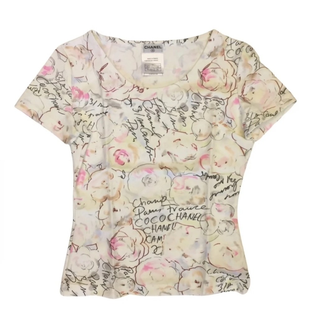CHANEL 98C Cruise Maillot Archive T-shirt, Camellia 38 US Small